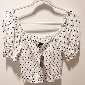 SMOCKED PUFF SLEEVE POLKA DOT TOP